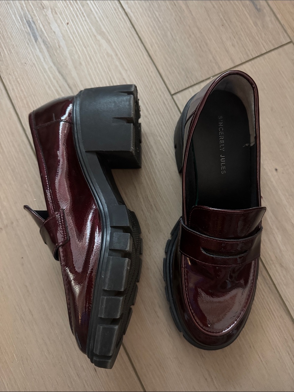 Sincerely Jules Burgundy Patent Platform Penny Loafers